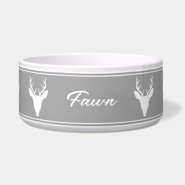White Deer Head Silhouette On Gray And Custom Name Bowl (Front)