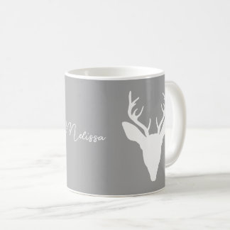 White Deer Head Silhouette On Gray And Custom Name Coffee Mug