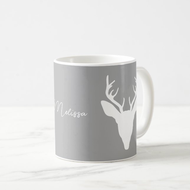 White Deer Head Silhouette On Gray And Custom Name Coffee Mug (Front Right)