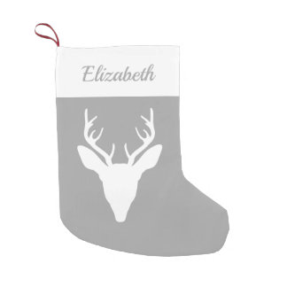 White Deer Head Silhouette On Gray And Custom Name Small Christmas Stocking