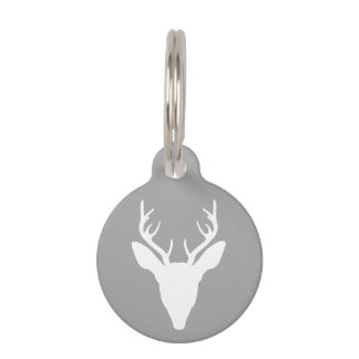 White Deer Head Silhouette On Gray And Custom Text Pet ID Tag