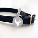White Deer Head Silhouette On Gray And Custom Text Pet ID Tag<br><div class="desc">Destei's original white silhouette design of a deer head with large antlers on a gray background color. On the other side there are two personalizable text areas.</div>