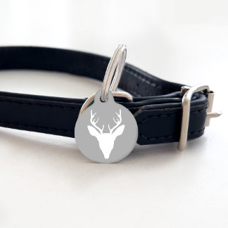 White Deer Head Silhouette On Gray And Custom Text Pet ID Tag