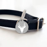 White Deer Head Silhouette On Gray And Custom Text Pet ID Tag<br><div class="desc">Destei's original white silhouette design of a deer or buck head with large antlers on a gray background color. On the other side there are two personalizable text areas.</div>