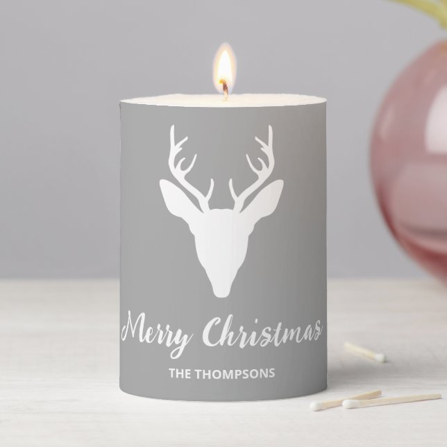 White Deer Head Silhouette On Gray And Custom Text Pillar Candle (In Situ)