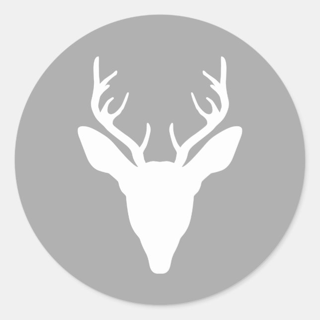 White Deer Head Silhouette On Gray Classic Round Sticker (Front)