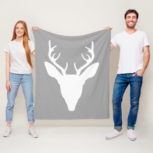 White Deer Head Silhouette On Gray Fleece Blanket (In Situ)