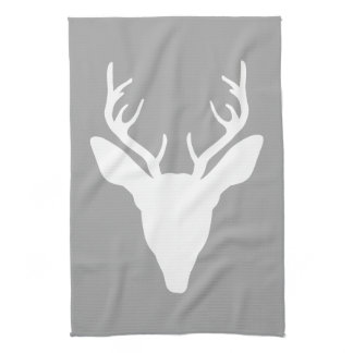 White Deer Head Silhouette On Gray Kitchen Towel