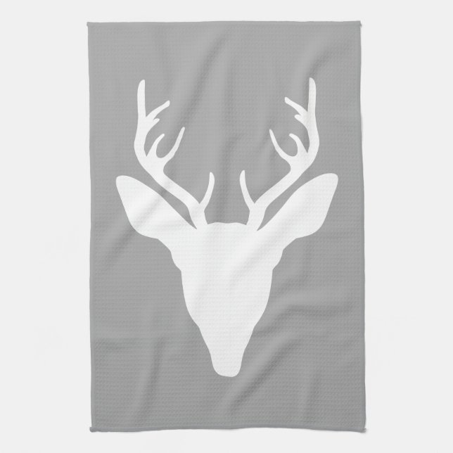 White Deer Head Silhouette On Gray Kitchen Towel (Vertical)