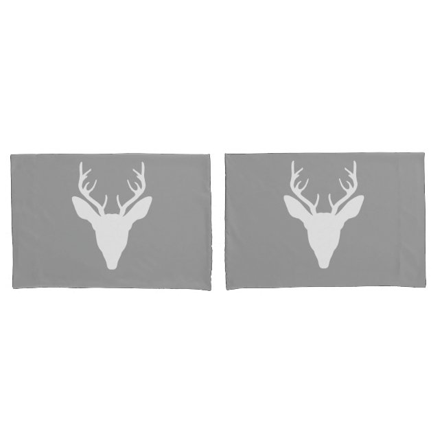 White Deer Head Silhouette On Gray Pillow Case (Front-Set)