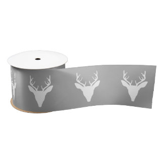 White Deer Head Silhouette On Gray Satin Ribbon