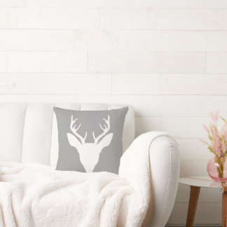 White Deer Head Silhouette On Gray Throw Pillow