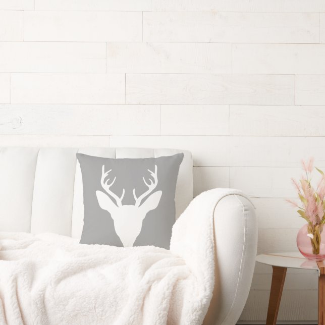 White Deer Head Silhouette On Gray Throw Pillow (Couch)