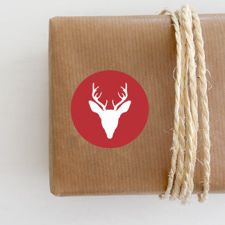White Deer Head Silhouette On Red Classic Round Sticker
