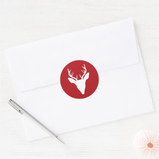 White Deer Head Silhouette On Red Classic Round Sticker