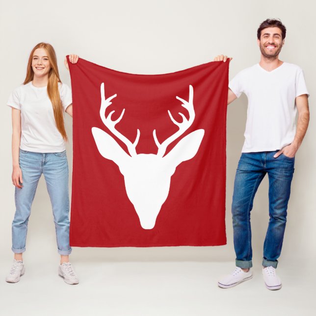 White Deer Head Silhouette On Red Fleece Blanket (In Situ)