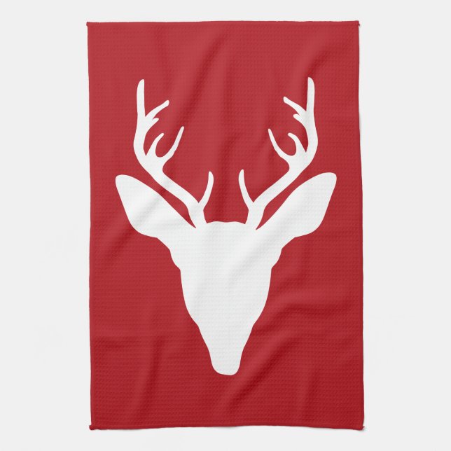 White Deer Head Silhouette On Red Kitchen Towel (Vertical)