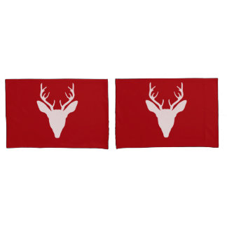 White Deer Head Silhouette On Red Pillow Case