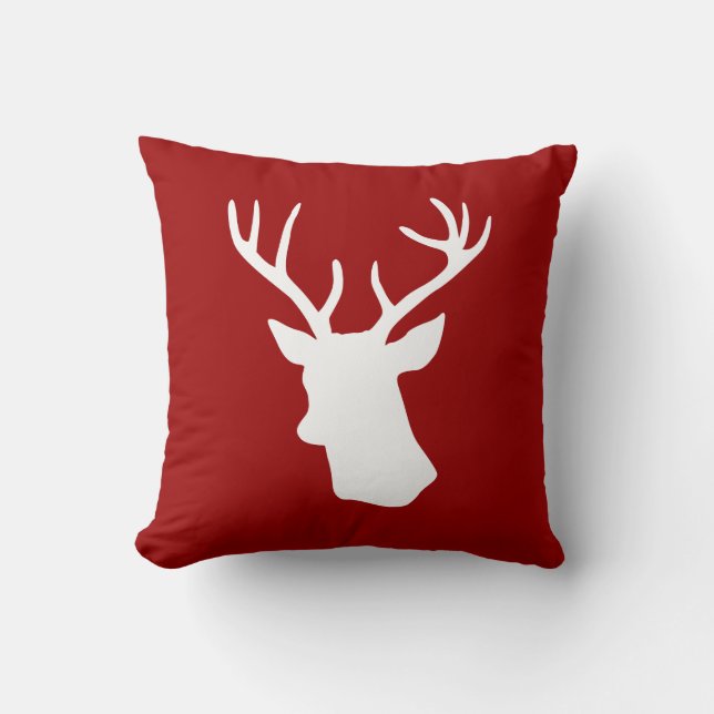 White Deer Head Silhouette on Red Throw Pillow (Front)