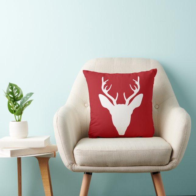 White Deer Head Silhouette On Red Throw Pillow (Chair)