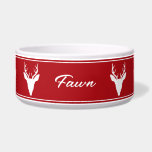 White Deer Head Silhouette On Red With Custom Name Bowl<br><div class="desc">Destei's original white silhouette design of a deer head with large antlers on a red background color. There is also a personalizable text area for a name or other custom text. The design is framed by thin borders.</div>