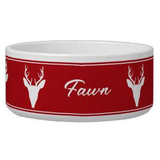 White Deer Head Silhouette On Red With Custom Name Bowl