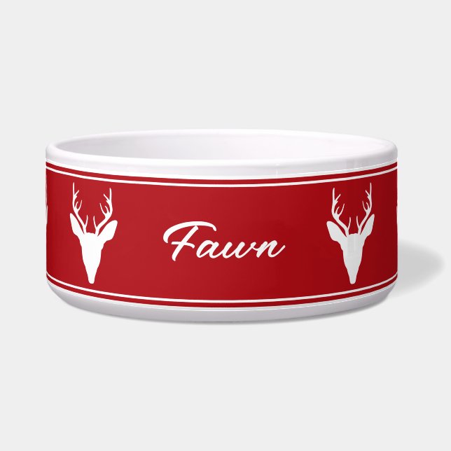 White Deer Head Silhouette On Red With Custom Name Bowl (Front)