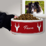 White Deer Head Silhouette On Red With Custom Name Bowl<br><div class="desc">Destei's original white silhouette design of a deer head with large antlers on a red background color. There is also a personalizable text area for a name or other custom text. The design is framed by thin borders.</div>