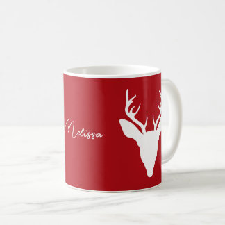 White Deer Head Silhouette On Red With Custom Name Coffee Mug