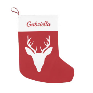 White Deer Head Silhouette On Red With Custom Name Small Christmas Stocking