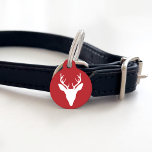 White Deer Head Silhouette On Red With Custom Text Pet ID Tag<br><div class="desc">Destei's original white silhouette design of a deer head with large antlers on a red background color. On the other side there are two personalizable text areas.</div>