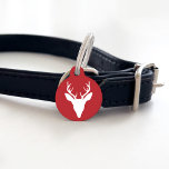 White Deer Head Silhouette On Red With Custom Text Pet ID Tag<br><div class="desc">Destei's original white silhouette design of a deer or buck head with large antlers on a red background color. On the other side there are two personalizable text areas.</div>