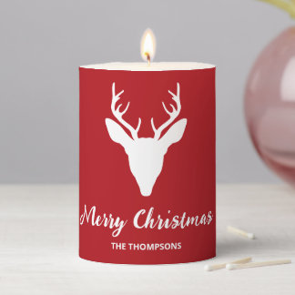 White Deer Head Silhouette On Red With Custom Text Pillar Candle