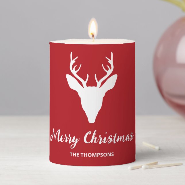 White Deer Head Silhouette On Red With Custom Text Pillar Candle (In Situ)