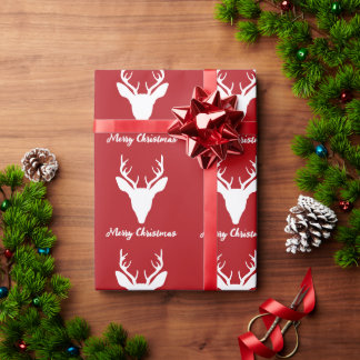 White Deer Head Silhouette On Red With Custom Text Wrapping Paper