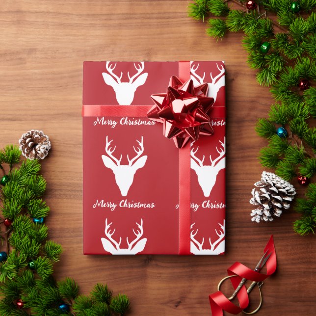 White Deer Head Silhouette On Red With Custom Text Wrapping Paper (Holiday Gift)