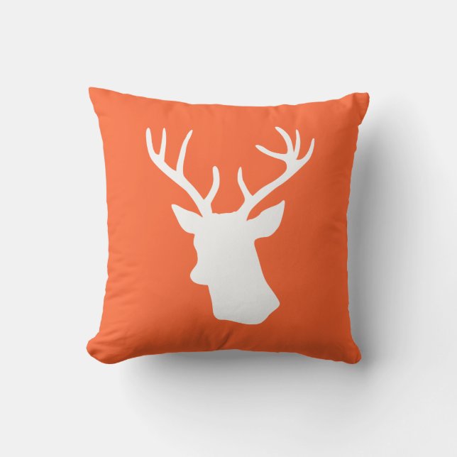 White Deer Head Silhouette - Orange Throw Pillow (Front)