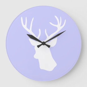 White Deer Head Silhouette - Purple Large Clock