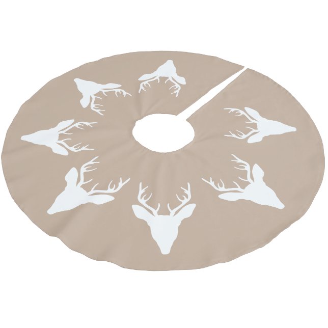 White Deer Head Silhouettes On Beige Brushed Polyester Tree Skirt (Angled)