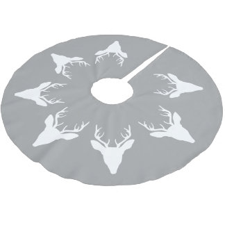 White Deer Head Silhouettes On Gray Brushed Polyester Tree Skirt