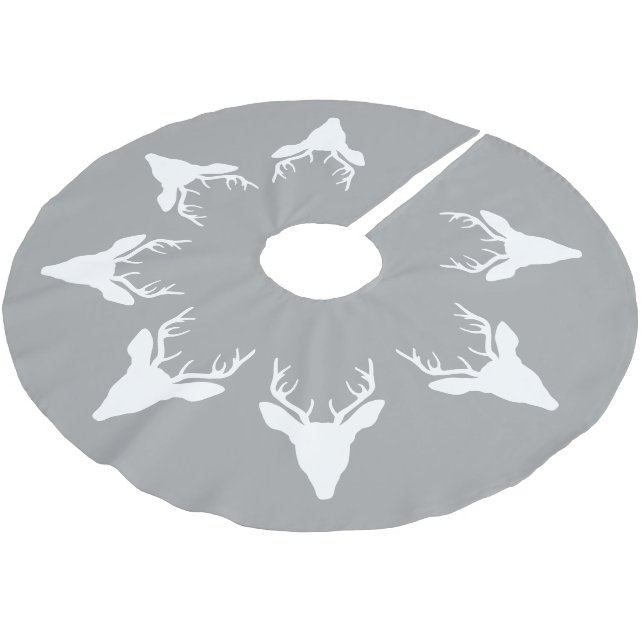 White Deer Head Silhouettes On Gray Brushed Polyester Tree Skirt (Angled)