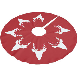 White Deer Head Silhouettes On Red Brushed Polyester Tree Skirt