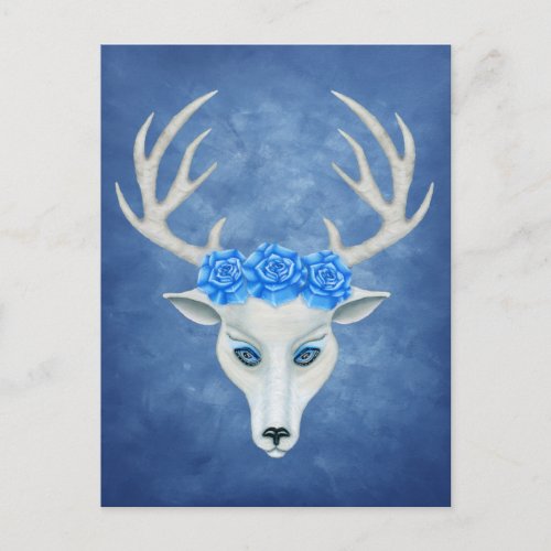 White Deer Head With Antlers Big Blue Roses Postcard