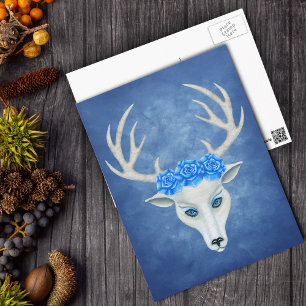 White Deer Head With Antlers Big Blue Roses Postcard
