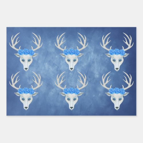 White Deer Heads Antlers Pretty Roses Misty Blues Wrapping Paper Sheets