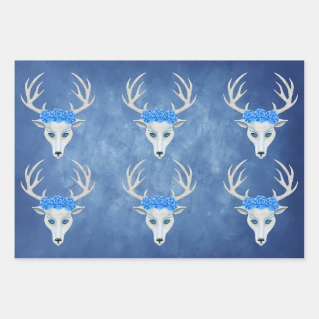 White Deer Heads Antlers Pretty Roses Misty Blues Wrapping Paper Sheets (Front)