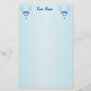 White Deer Heads Pretty Faces Roses on Blue Stationery