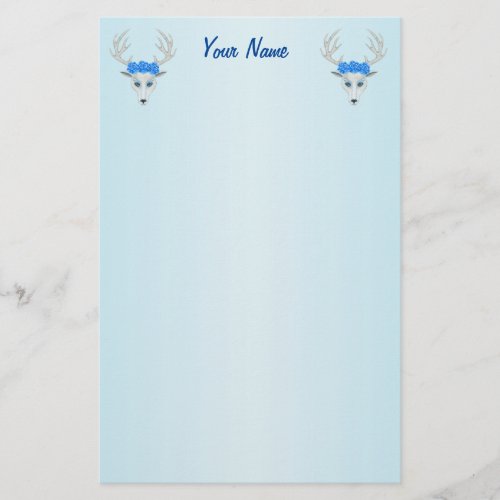 White Deer Heads Pretty Faces Roses on Blue Stationery