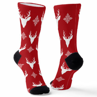 White Deer Heads &amp; Snowflakes Christmas Pattern Socks