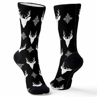 White Deer Heads &amp; Snowflakes On Black Pattern Socks